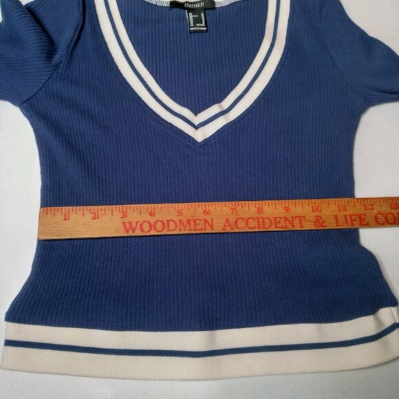 Forever 21 Shirt Juniors Medium Baby Crop Top Ribbed Blue Varsity Academia Y2K - Picture 6 of 16